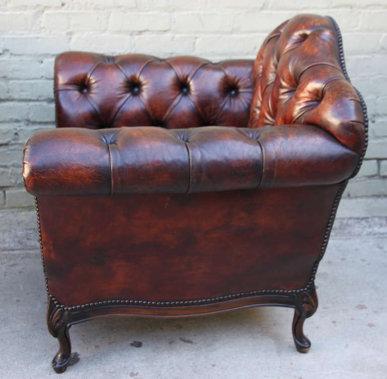 Mid-20th Century Pair of French Leather Tufted Armchairs