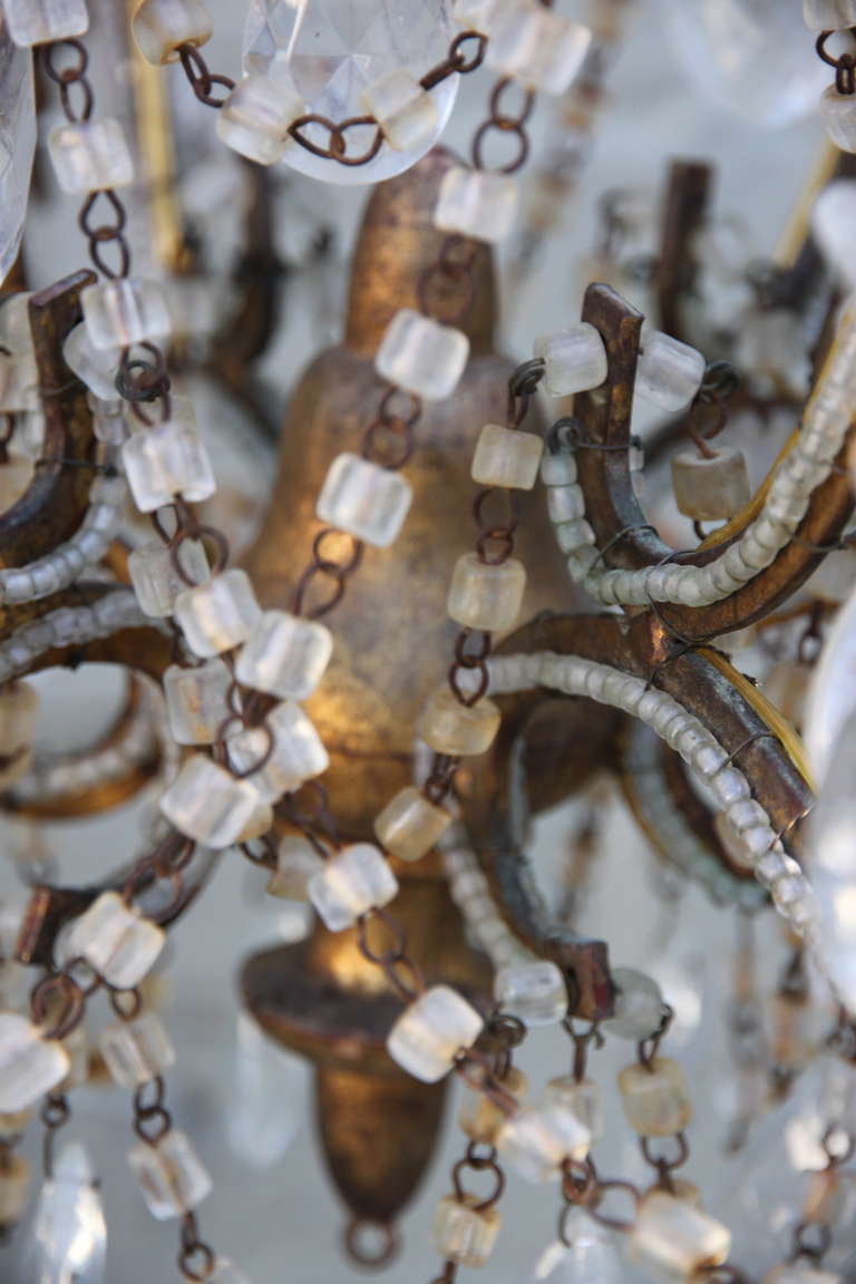 Six Light Italian Gilt Wood & Macaroni Beaded Chandelier In Excellent Condition In Los Angeles, CA