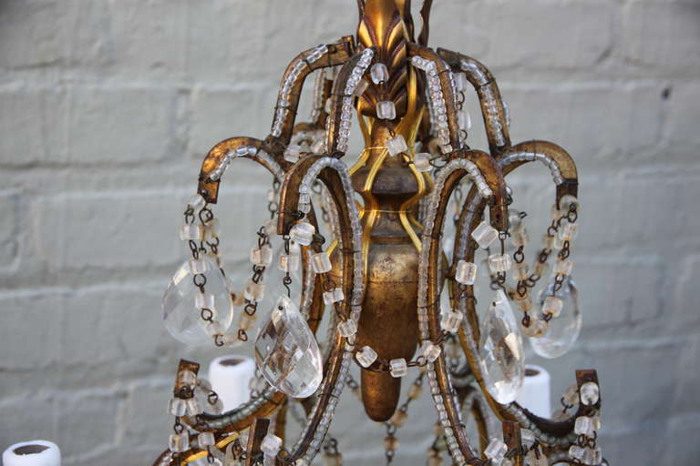 Crystal Six Light Italian Gilt Wood & Macaroni Beaded Chandelier