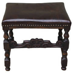 Antique English Leather Bench with Crown