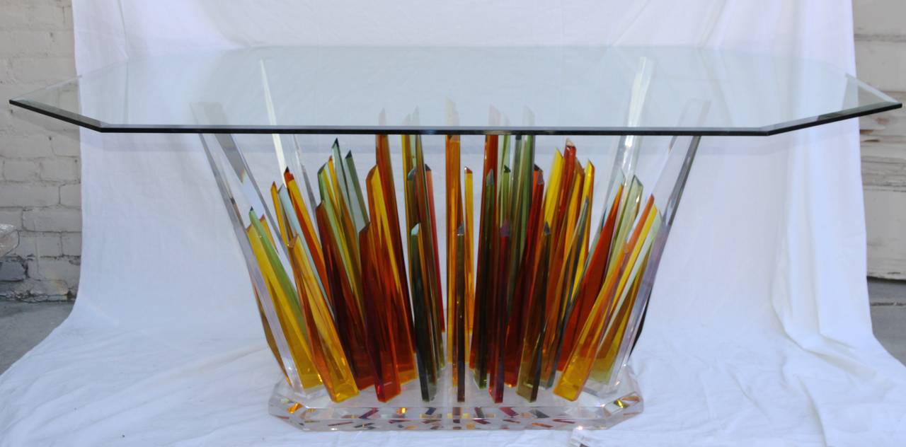 Late 20th Century Unique Multicolored Lucite Dining Table with Glass Top