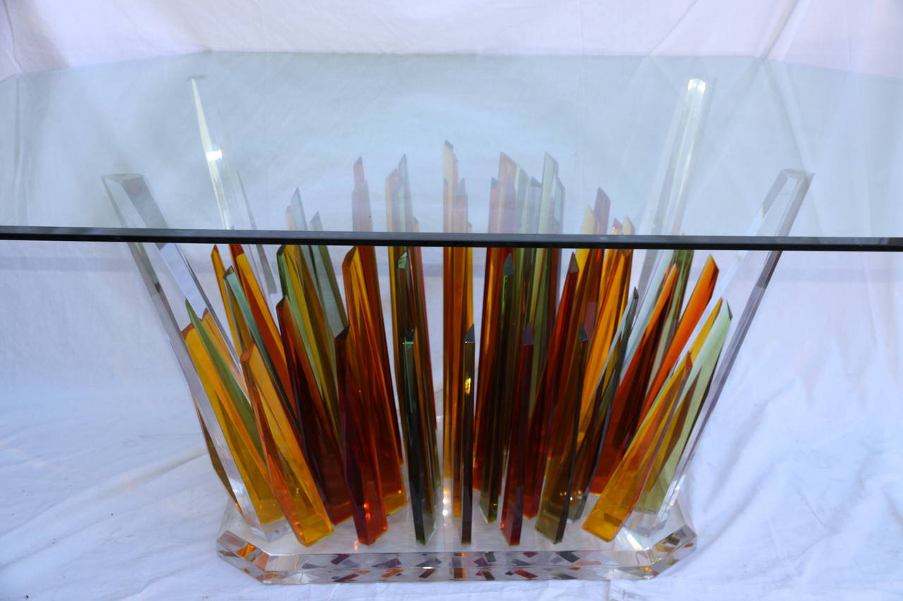 American Unique Multicolored Lucite Dining Table with Glass Top
