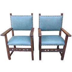 19th c. Spanish Turquoise Leather Armchairs