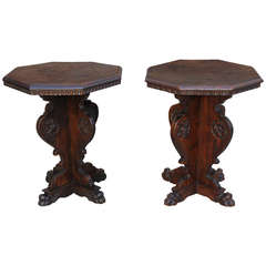 Pair of Walnut Octagonal Italian Carved Tables