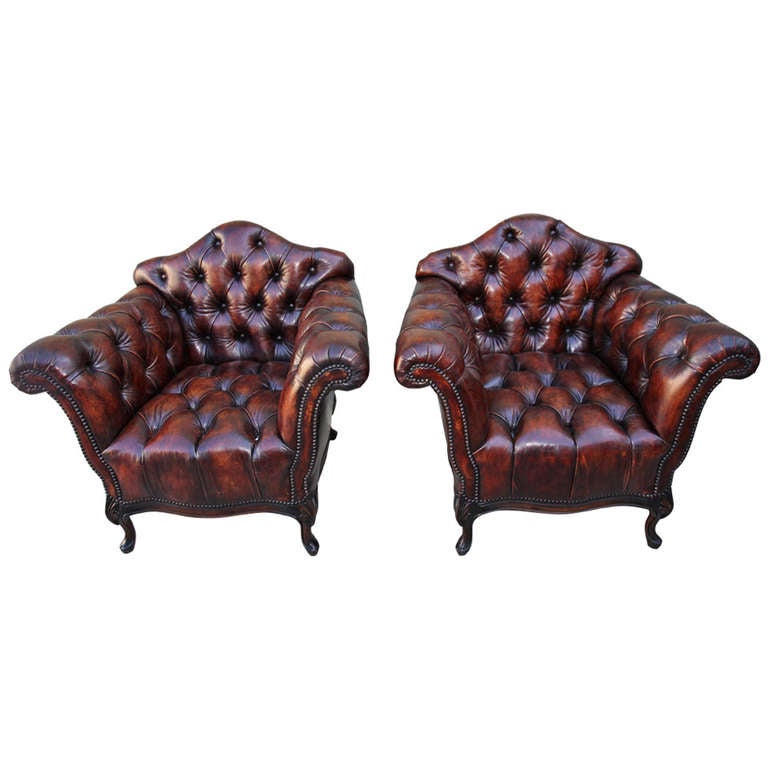 Pair of French Leather Tufted Armchairs