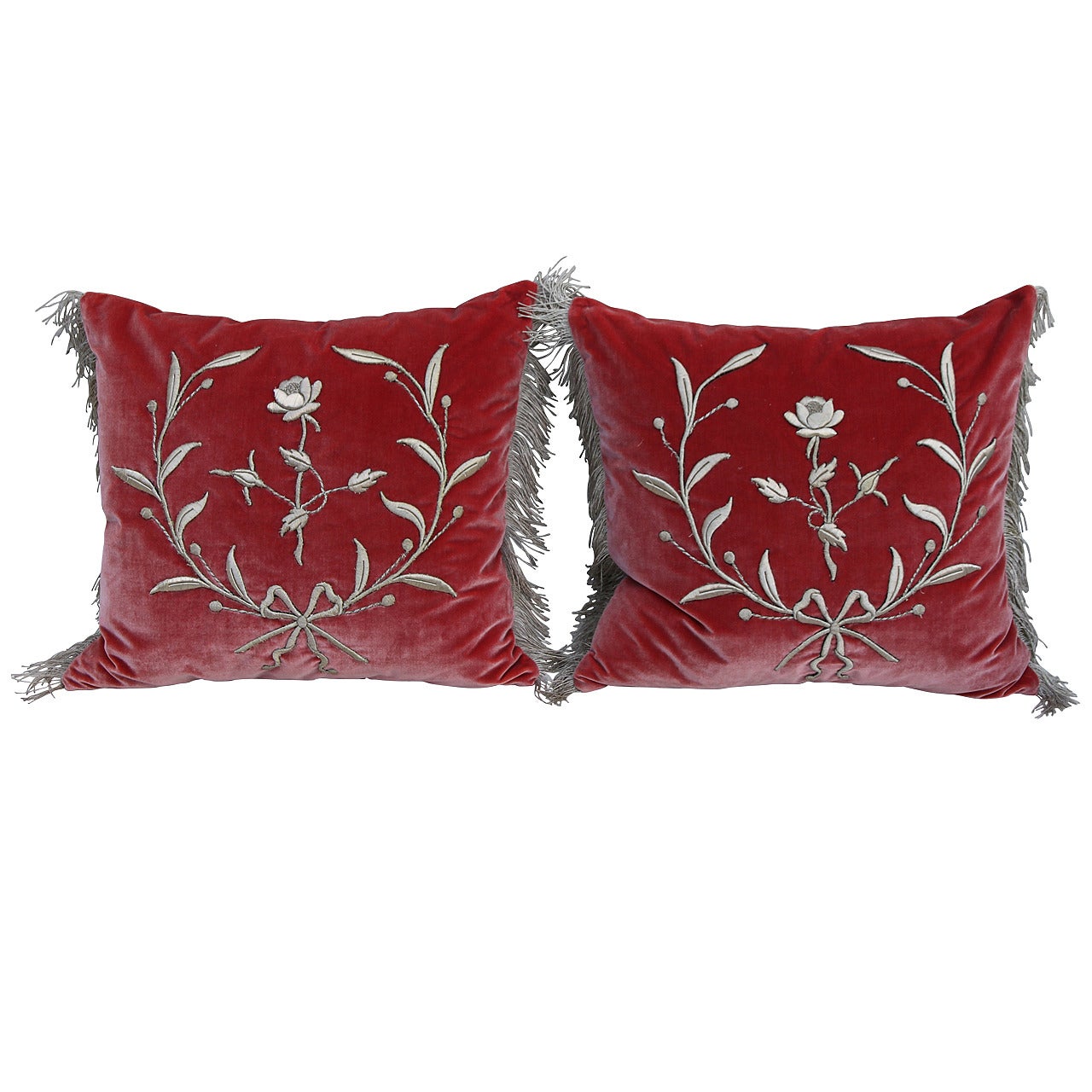 Silver Metallic Appliqued Silk Velvet Pillows, Pair