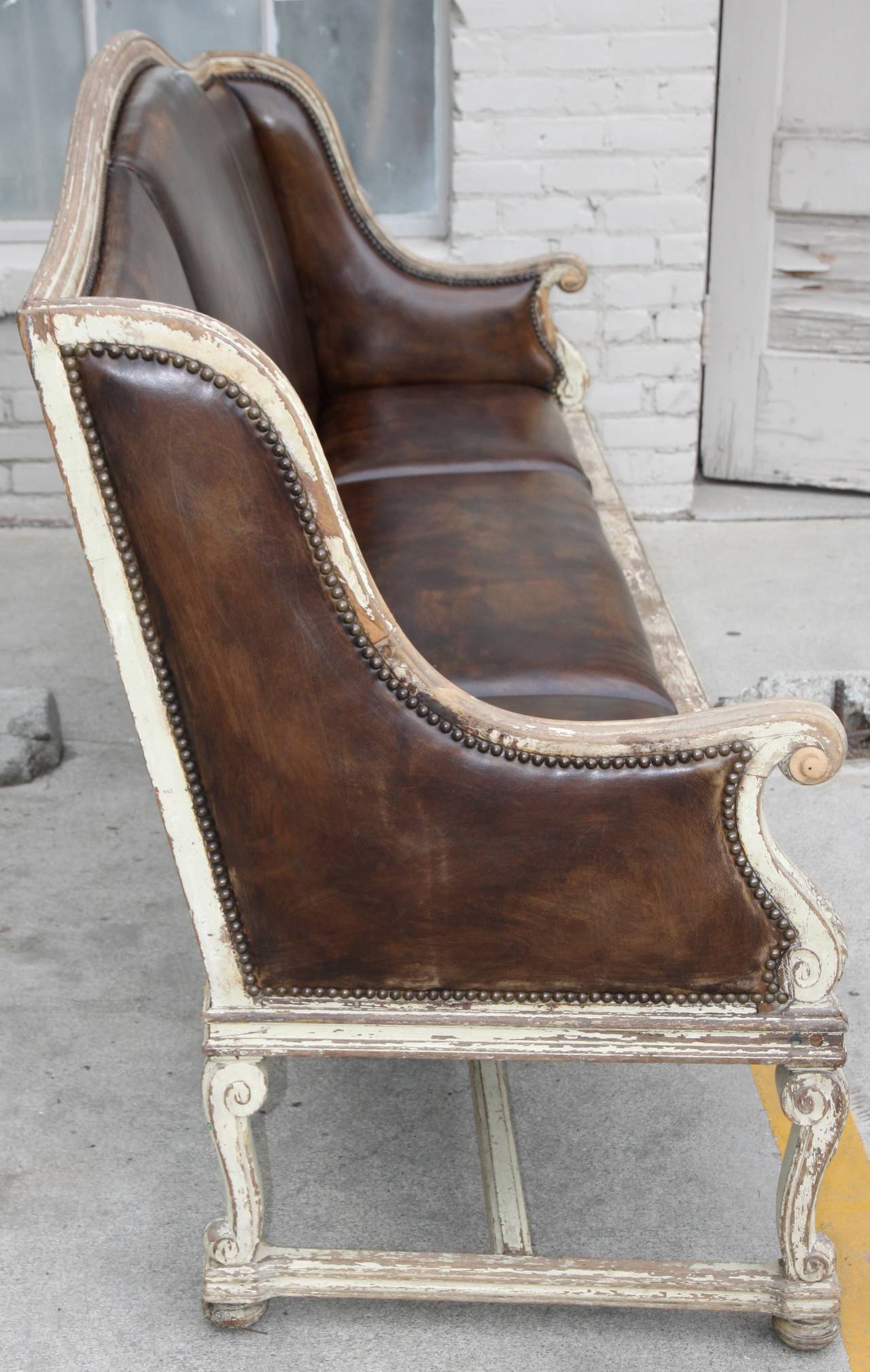 French Provincial French Leather Upholstered Painted Bench