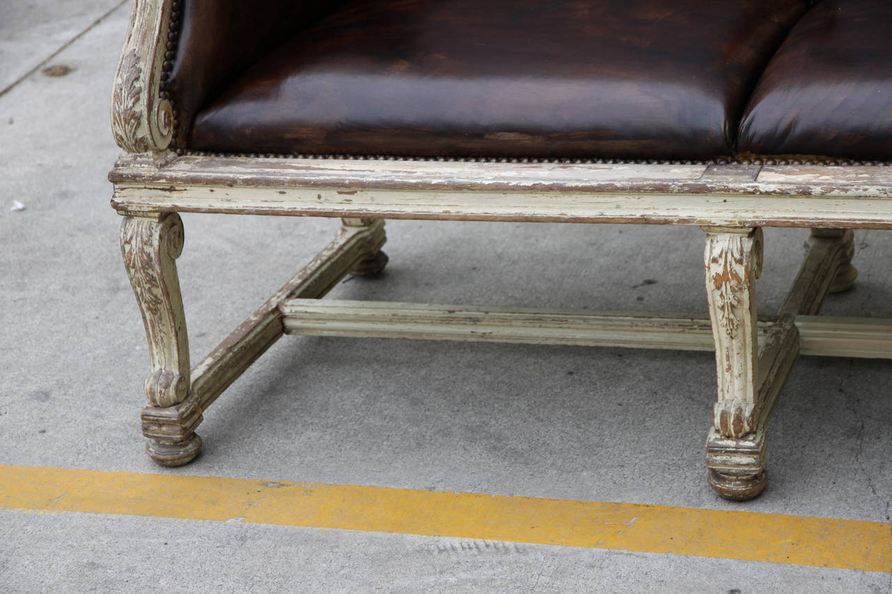 French Leather Upholstered Painted Bench 3