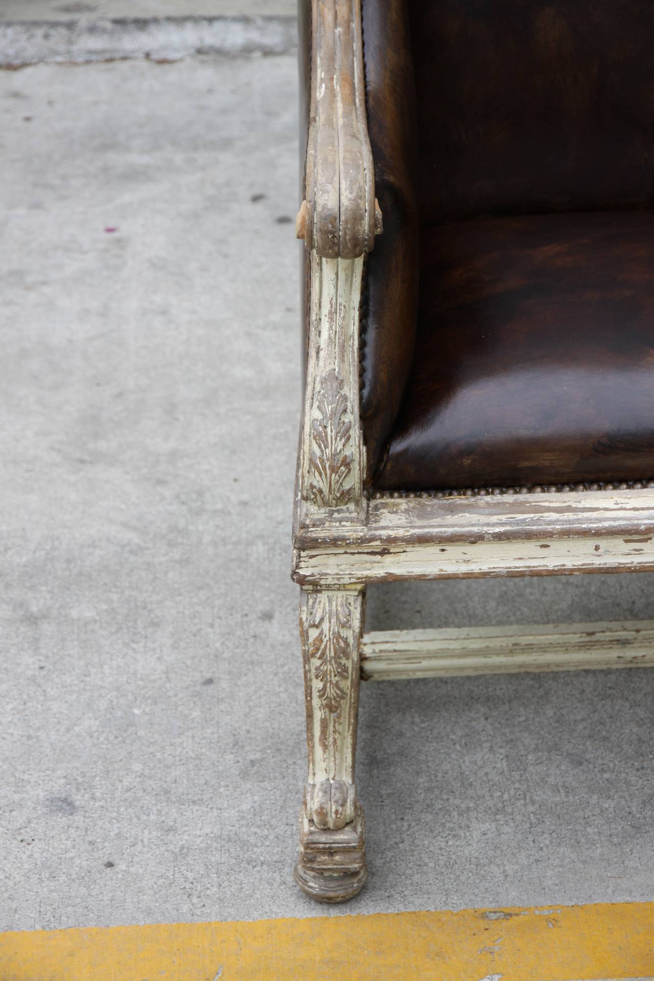 French Leather Upholstered Painted Bench 4