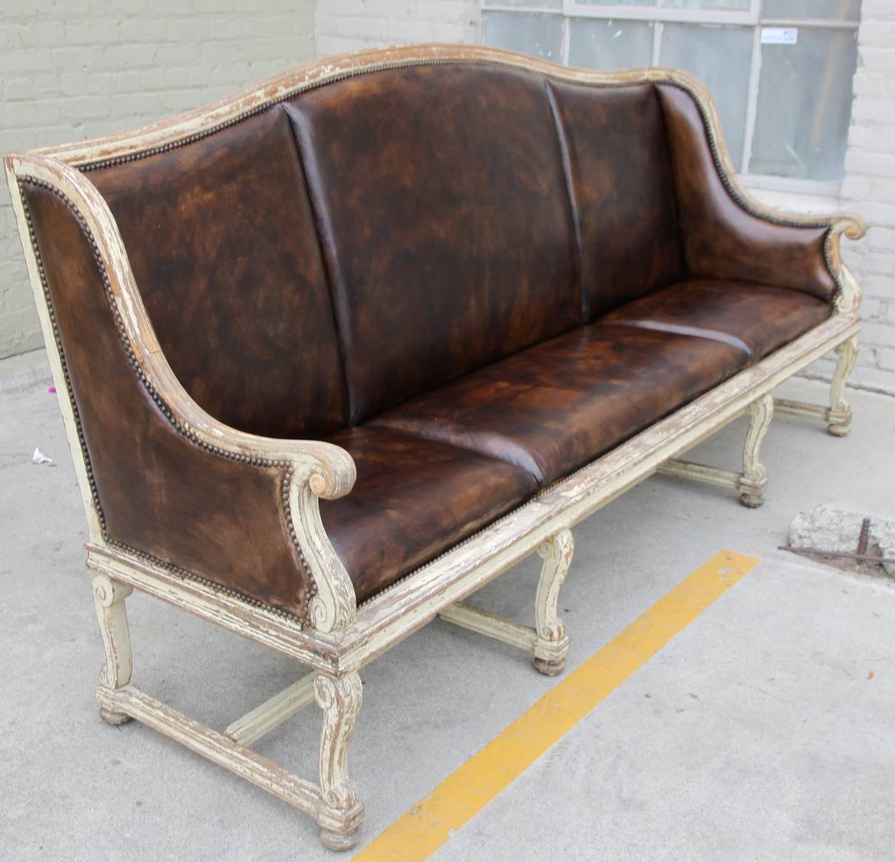 French Leather Upholstered Painted Bench 1