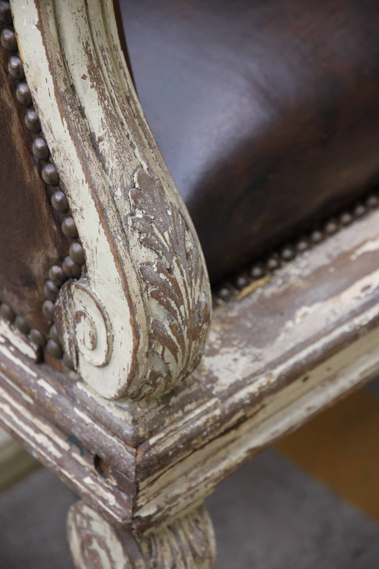 20th Century French Leather Upholstered Painted Bench
