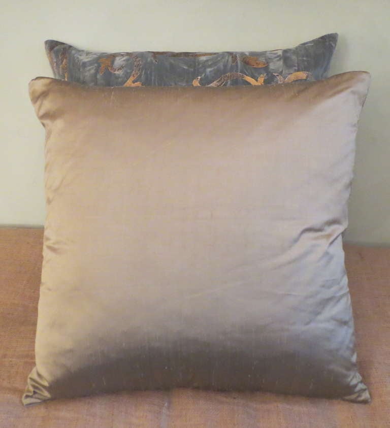 Pair of Blue Velvet Stenciled Pillows In Excellent Condition In Los Angeles, CA