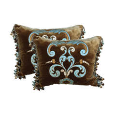 Pair of Antique Appliqued Silk Velvet Pillows w/ Silk Trim