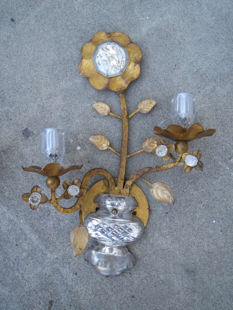 Pair of French mirrored & gilt metal two light sconces. Wired and in working condition.
