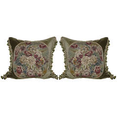 Pair of French Floral Aubusson Textile Pillows