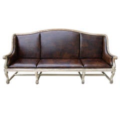 French Leather Upholstered Painted Bench