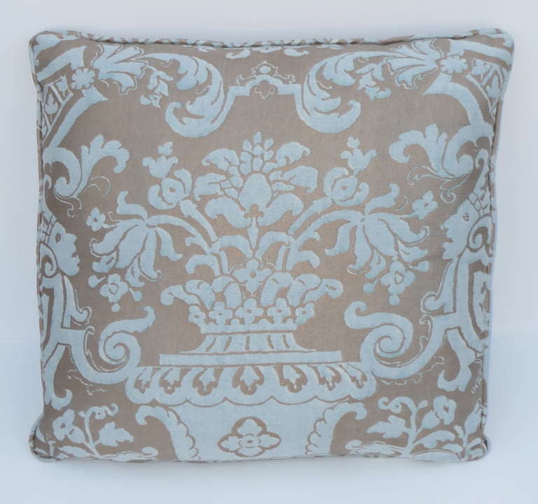 Soft aqua blue & silvery gold cotton printed Fortuny textile pillow with cotton velvet back and self cording. Down & feather insert.