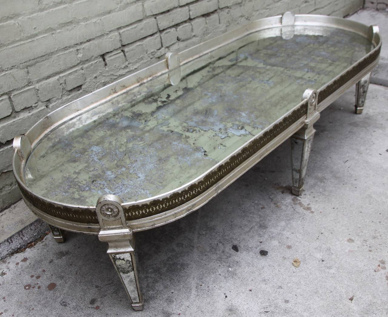 Mirrored and Silvered Racetrack Shaped Coffee Table 2