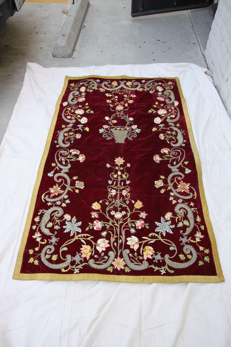 Rococo 19th Century Italian Embroidered Silk Velvet Textile