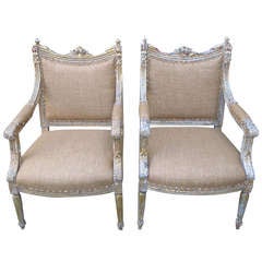 19th C. French Painted & Parcel Gilt Armchairs, Pair
