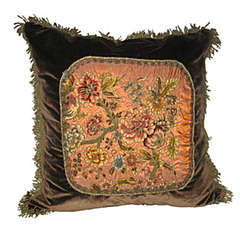 Antique Single Metallic 
Chenille Embroidered Tangerine Silk Pillow