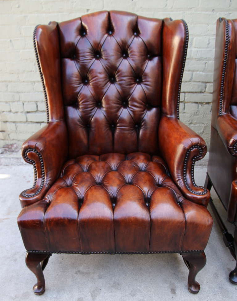 Mid-20th Century Pair of English Leather Tufted Armchairs