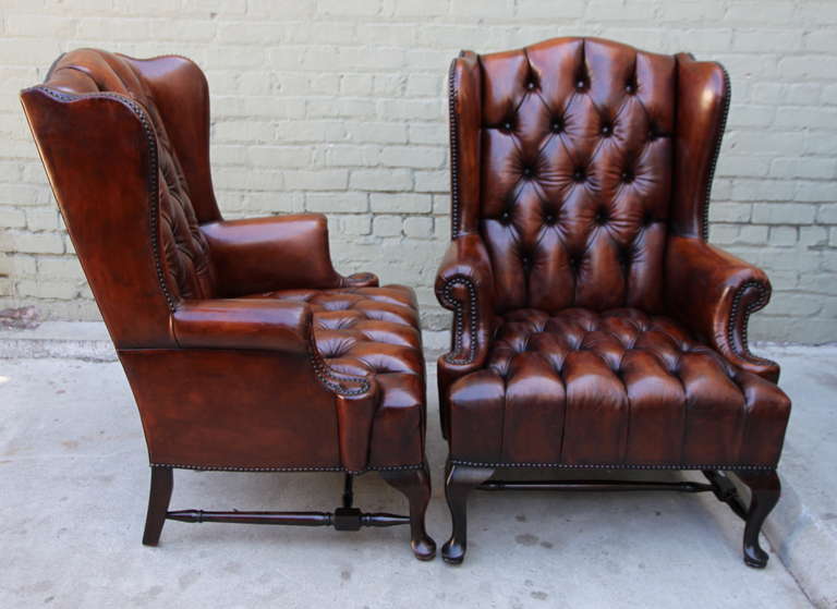 Georgian Pair of English Leather Tufted Armchairs