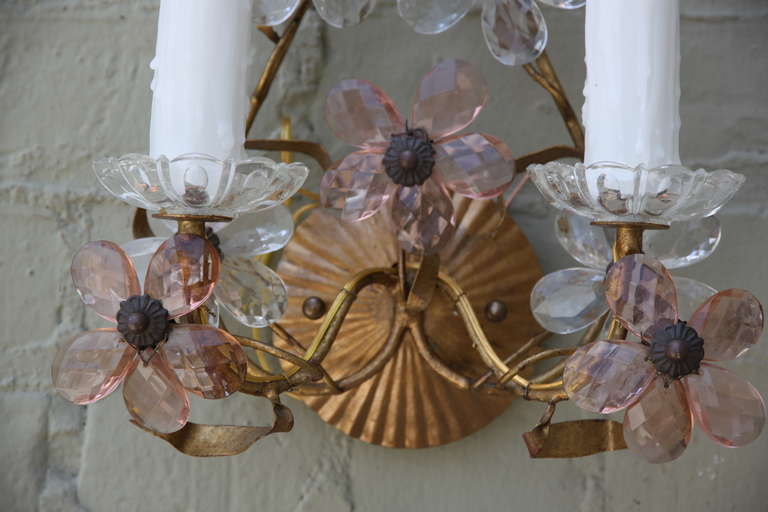 Rococo Pair of Italian Floral Crystal Sconces