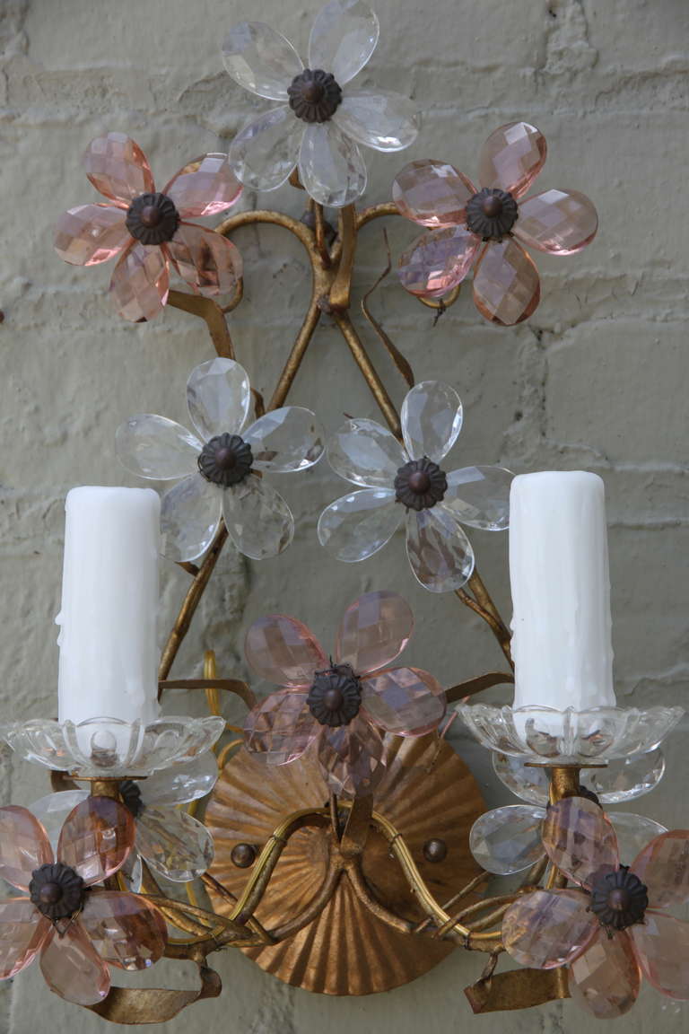 Pair of Italian Floral Crystal Sconces In Excellent Condition In Los Angeles, CA