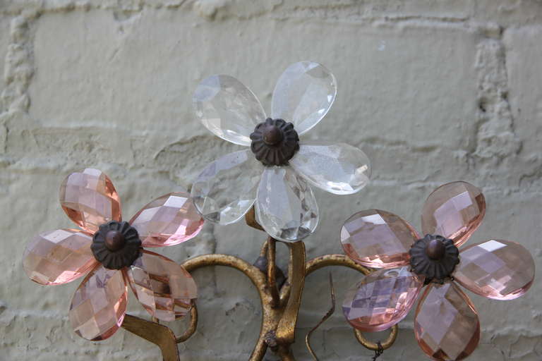 Metal Pair of Italian Floral Crystal Sconces