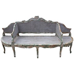 19th C. Painted Carved Wood & Cane 3-Section Sofa