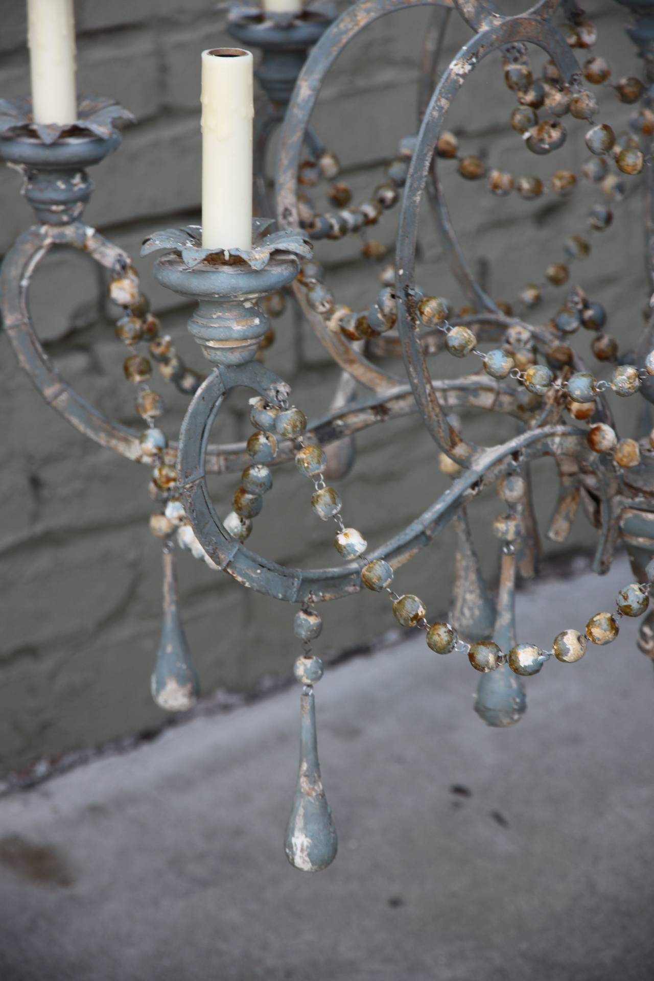 Rococo Iron and Wood Beaded Eight-Light Painted Chandelier