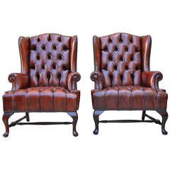 Vintage Pair of English Leather Tufted Armchairs