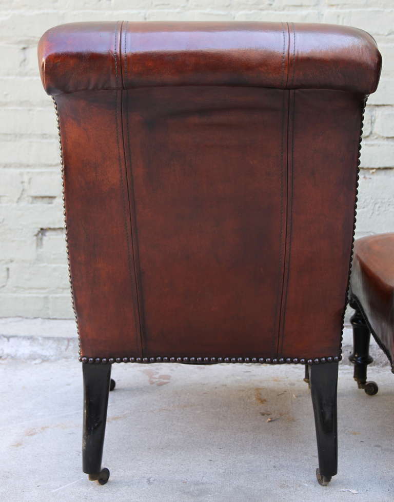 20th Century Pair of Leather Upholstered Side Chairs Standing on Casters