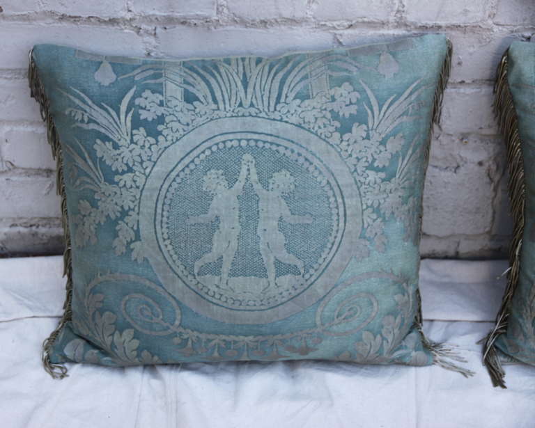 Rococo Pair of Soft Bue & Silver Fortuny Textile Pillows