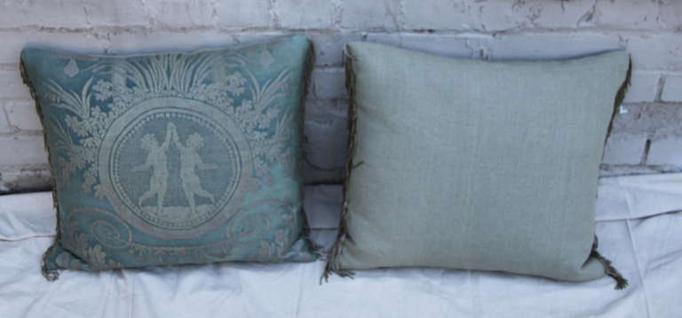 Mid-20th Century Pair of Soft Bue & Silver Fortuny Textile Pillows