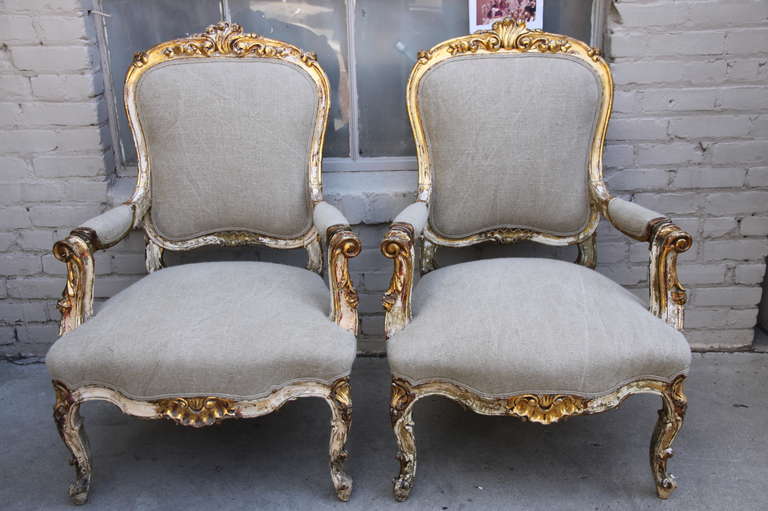 19th C. French painted & parcel gilt faeteils newly upholstered in Belgium linen upholstery with double cord detail.