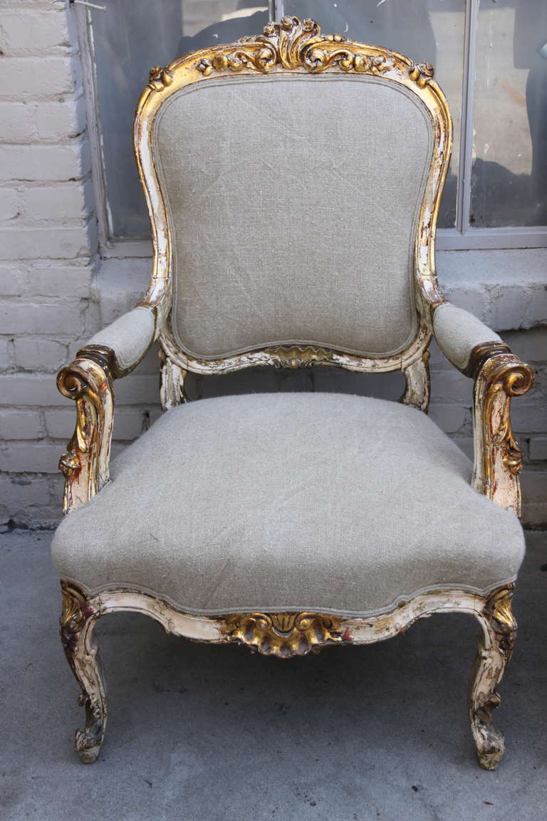 Louis XV 19th Century French Painted and Parcel Gilt Armchairs