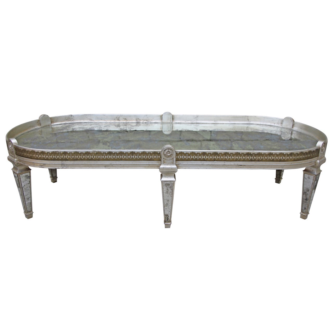 Mirrored and Silvered Racetrack Shaped Coffee Table