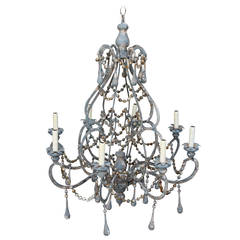 Iron and Wood Beaded Eight-Light Painted Chandelier