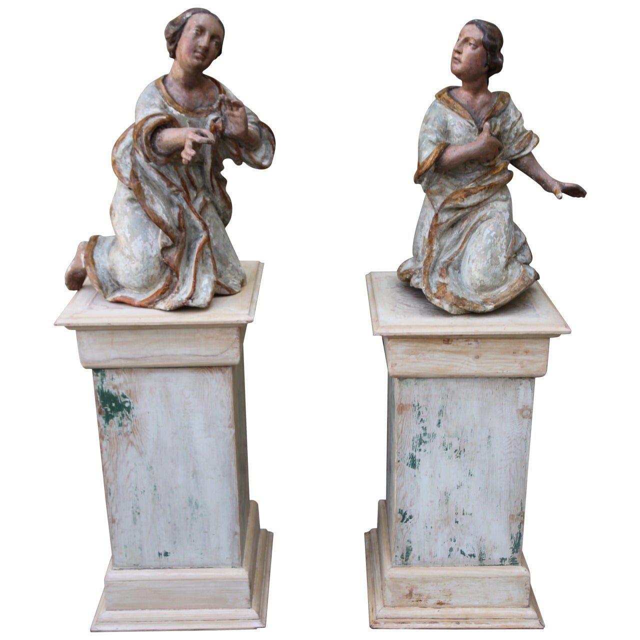 Pair of 19th Century Carved Angels on Pedestals