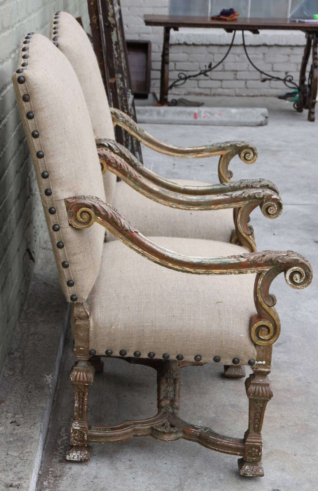 Baroque Pair of Italian Painted and Parcel-Gilt Armchairs