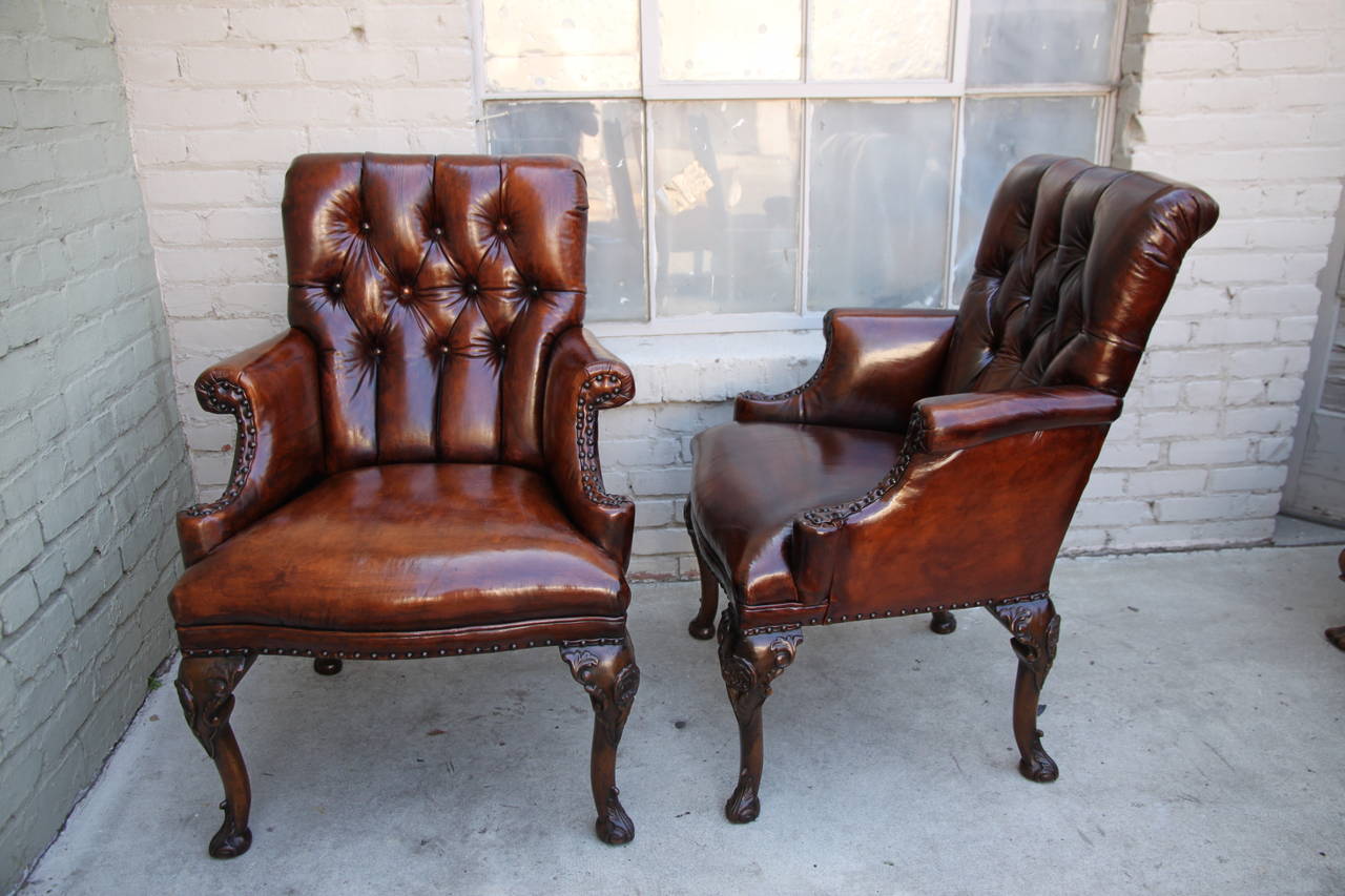 English Leather Queen Anne Style Armchairs In Distressed Condition In Los Angeles, CA
