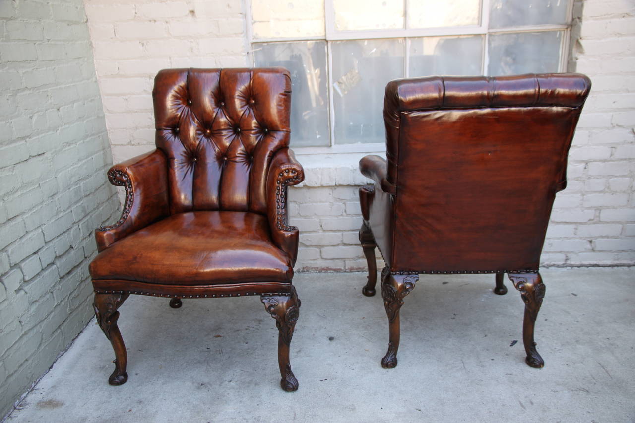 Early 20th Century English Leather Queen Anne Style Armchairs