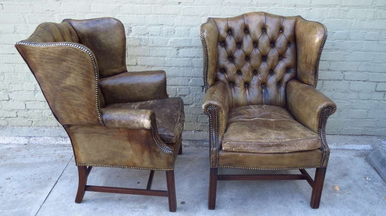 English Antique Leather Wingback Chairs, Pair