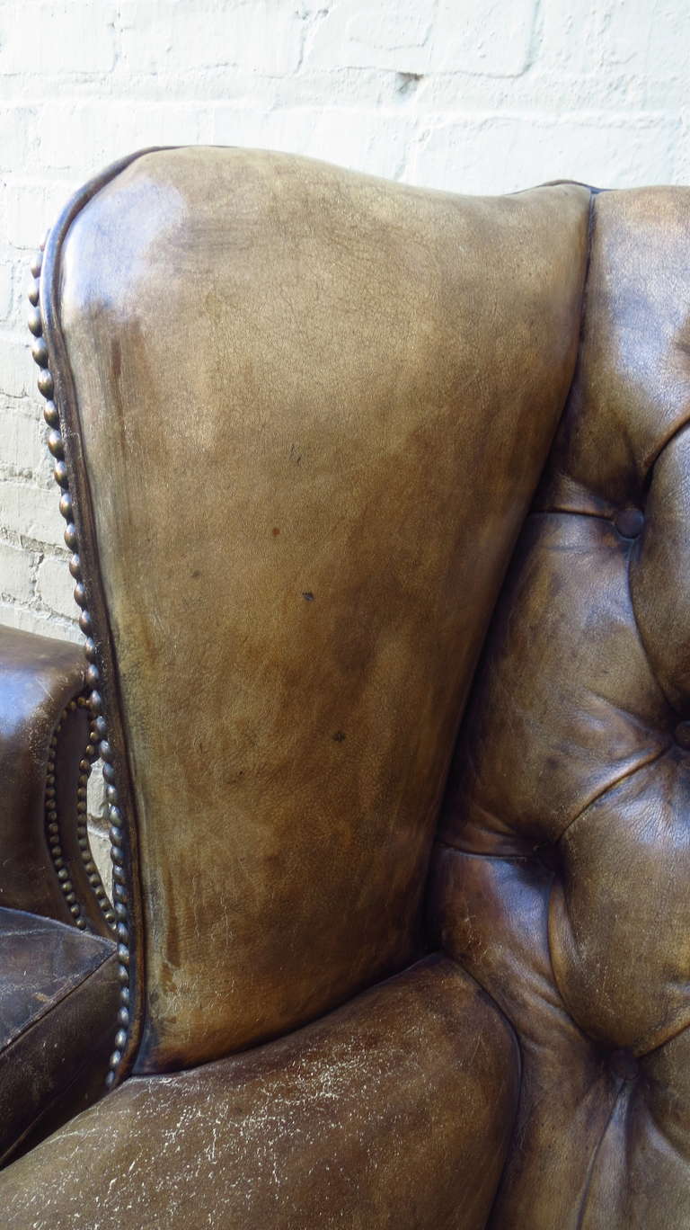 Antique Leather Wingback Chairs, Pair 1