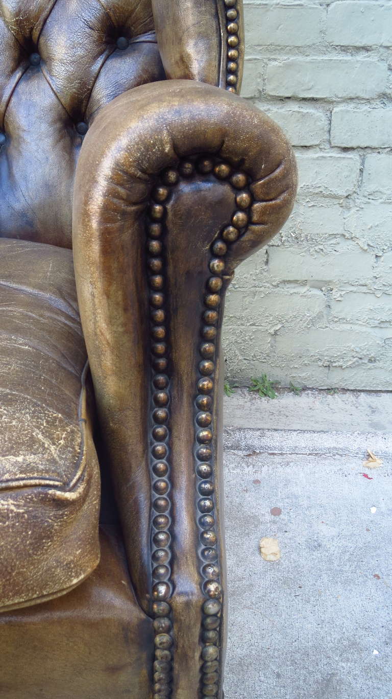 20th Century Antique Leather Wingback Chairs, Pair