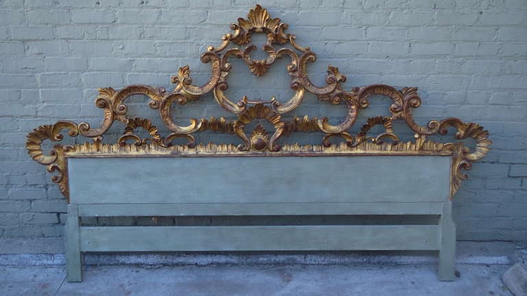 Italian carved gold gilt & painted headboard with scrolls & acanthus leaves throughout. The painted portion is 77