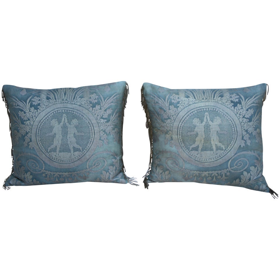 Pair of Soft Bue & Silver Fortuny Textile Pillows