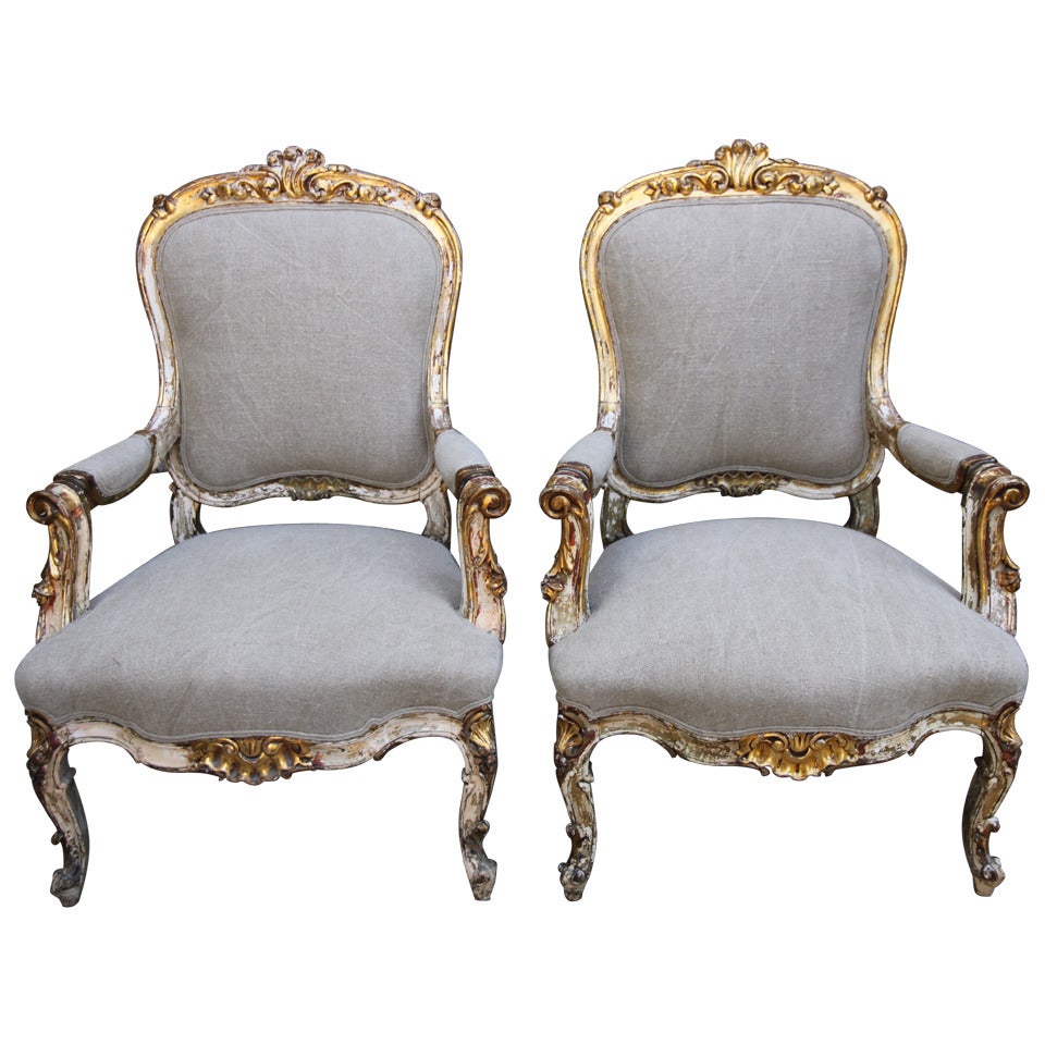19th Century French Painted and Parcel Gilt Armchairs